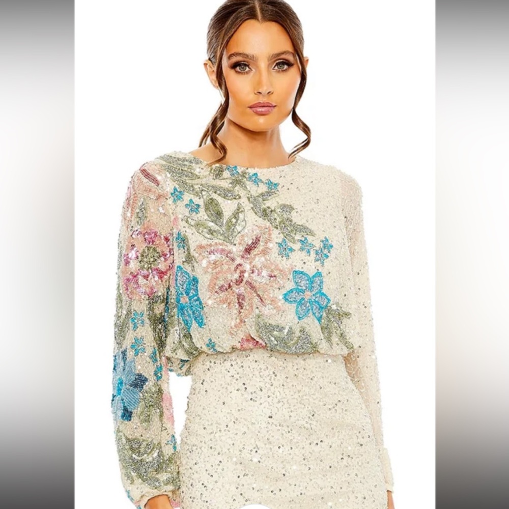 MAC DUGGAL EMBELLISHED MULTI COLOR FLORAL HIGH NECK GOWN